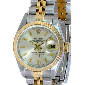 ROLEX DATEJUST SILVER ROMAN DIAL 18KY FLUTED JUBILEE TWO-TONE 26 MM WATCH 69173